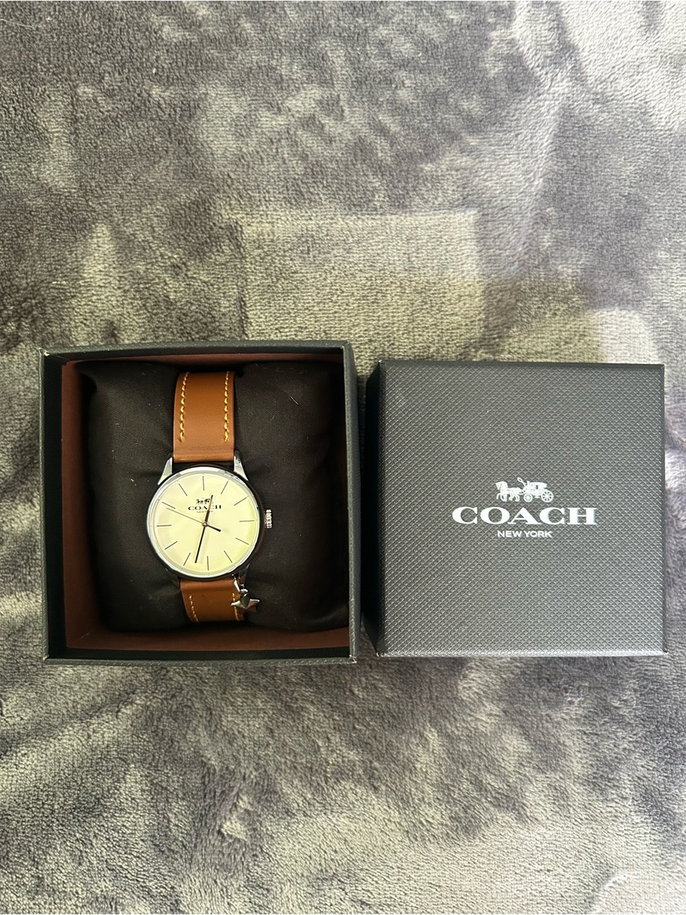 Coach Leather Strap Watch in Brown and Cream with Charm